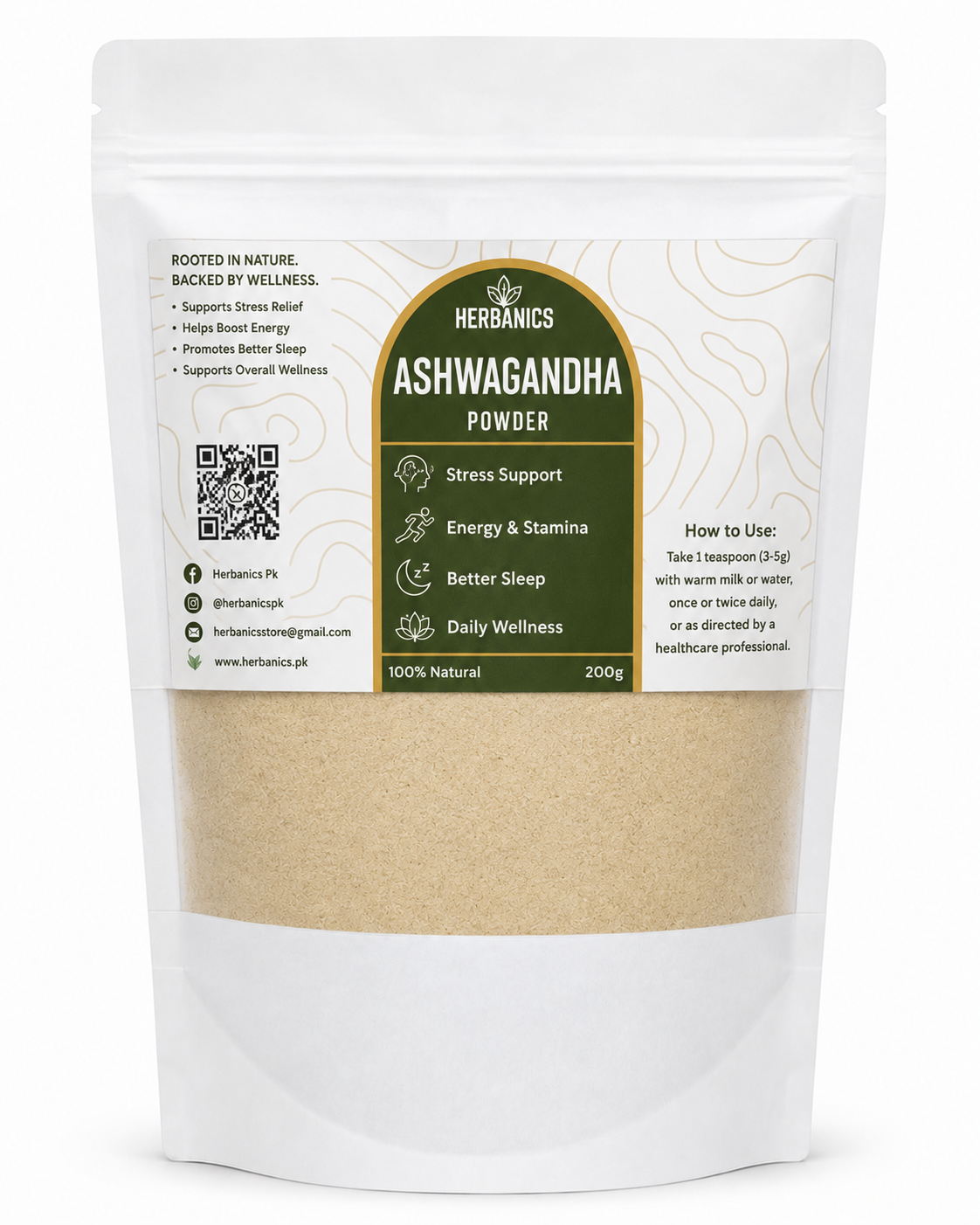 Ashwagandha Powder| 100% Pure & Natural | Stress Relief, Better Sleep & Energy Booster | Herbanics Pakistan