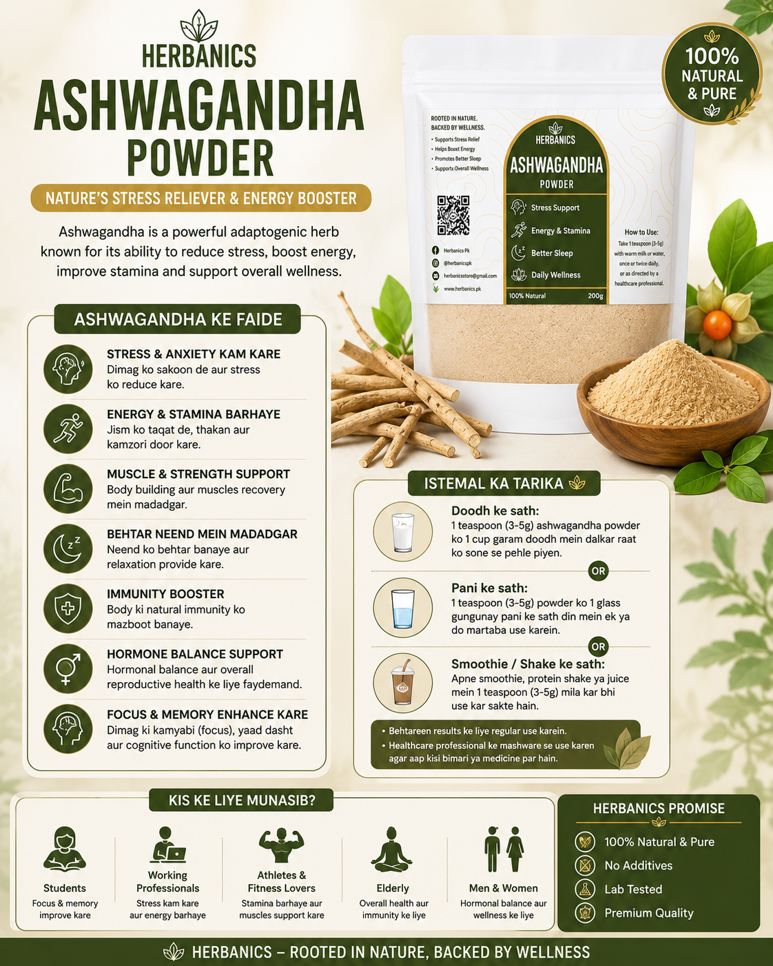 Ashwagandha Powder| 100% Pure & Natural | Stress Relief, Better Sleep & Energy Booster | Herbanics Pakistan