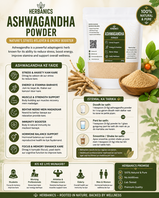 Ashwagandha Powder| 100% Pure & Natural | Stress Relief, Better Sleep & Energy Booster | Herbanics Pakistan