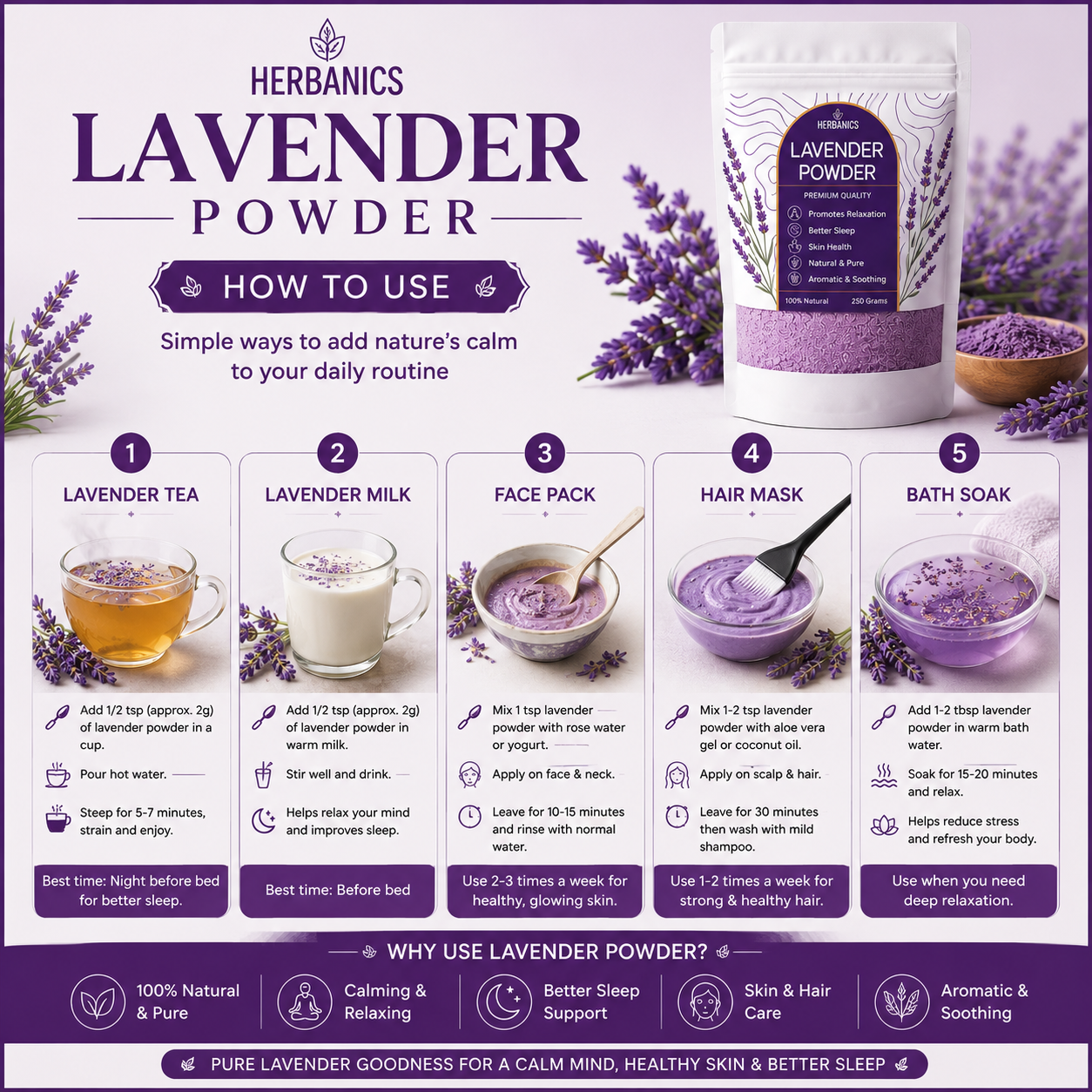 Herbanics Lavender Powder | 100% Pure Dried Lavender Flower Powder | Skin Care, Hair Care, Face Masks & DIY Beauty | Natural Lavender Powder Pakistan