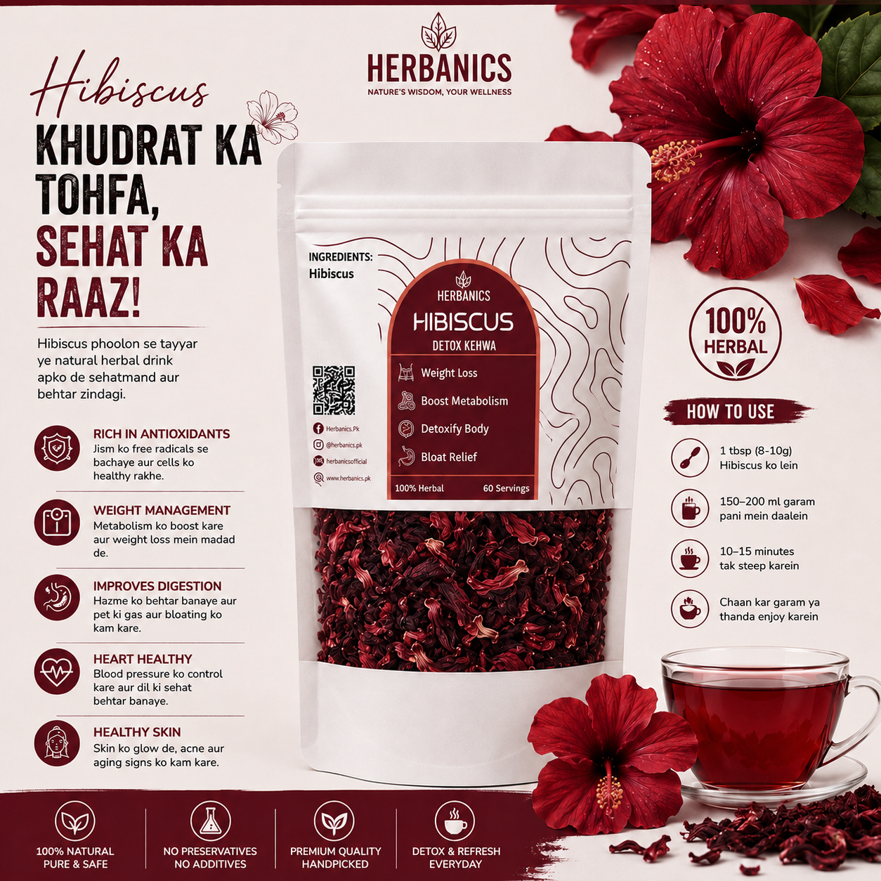 Herbanics Premium Hibiscus Tea | 100% Pure Herbal Tea | Herbanics