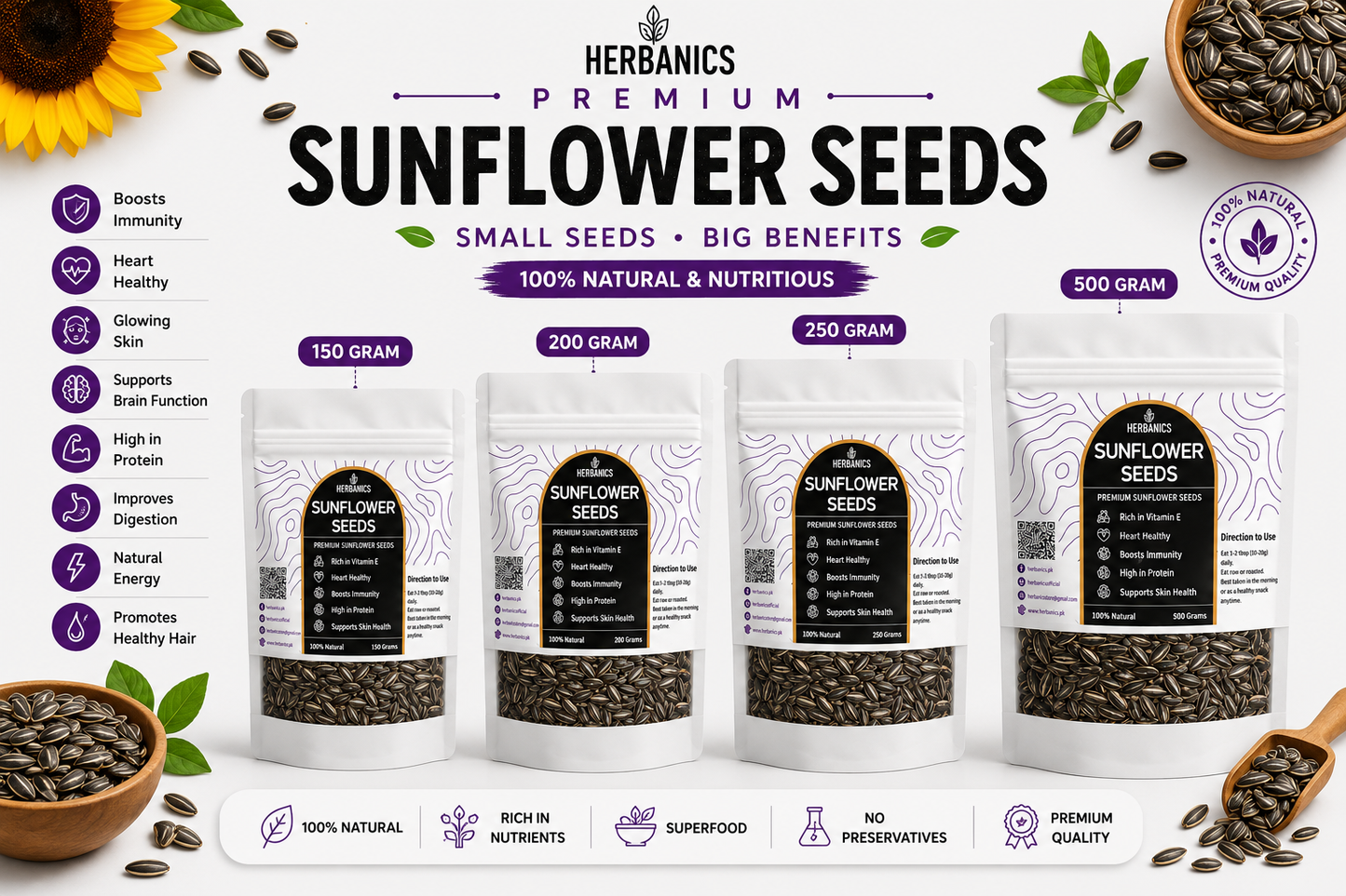 Herbanics Premium Sunflower Seeds | High Protein Healthy Snack | Rich in Vitamin E & Fiber