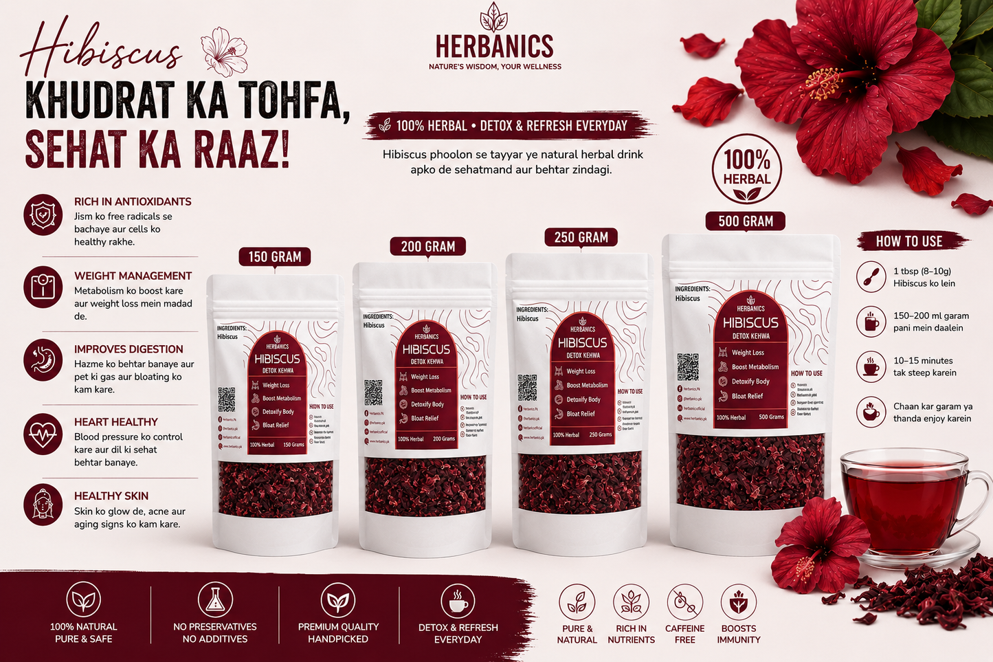 Herbanics Premium Hibiscus Tea | 100% Pure Herbal Tea | Herbanics