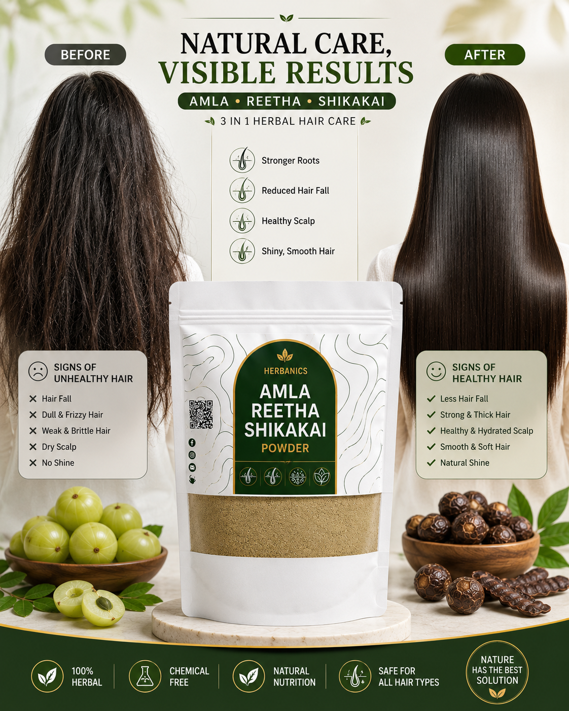 Amla + Reetha + Shikakai Powder | 3-in-1 Herbal Hair Care | Strong, Healthy & Shiny Hair