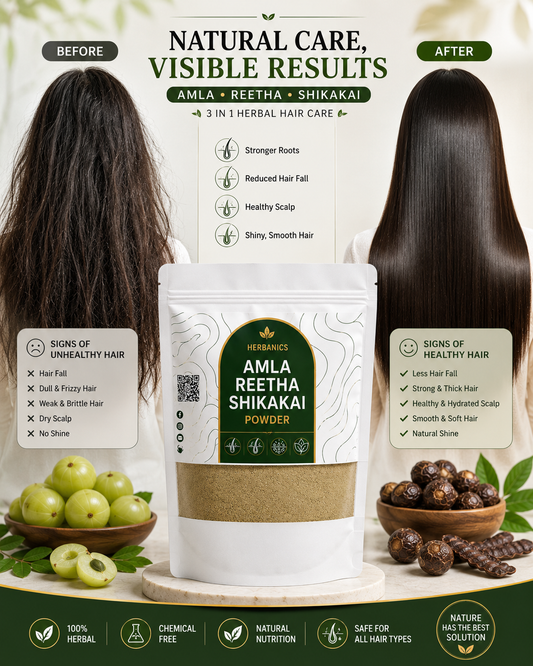 Amla + Reetha + Shikakai Powder | 3-in-1 Herbal Hair Care | Strong, Healthy & Shiny Hair