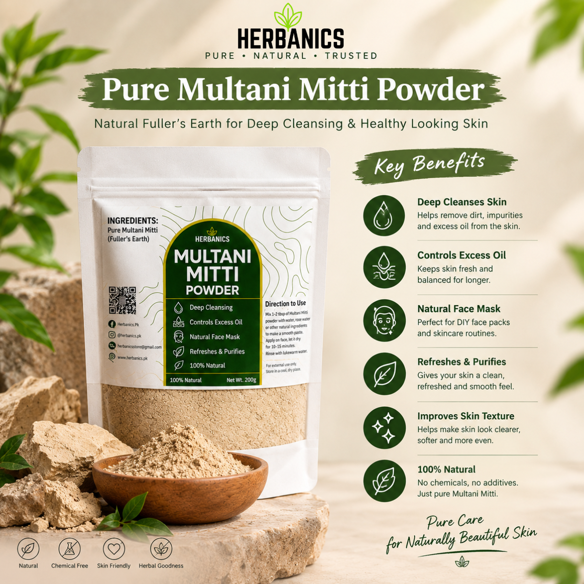 Pure Multani Mitti Powder for Face | Natural Fuller’s Earth – Herbanics