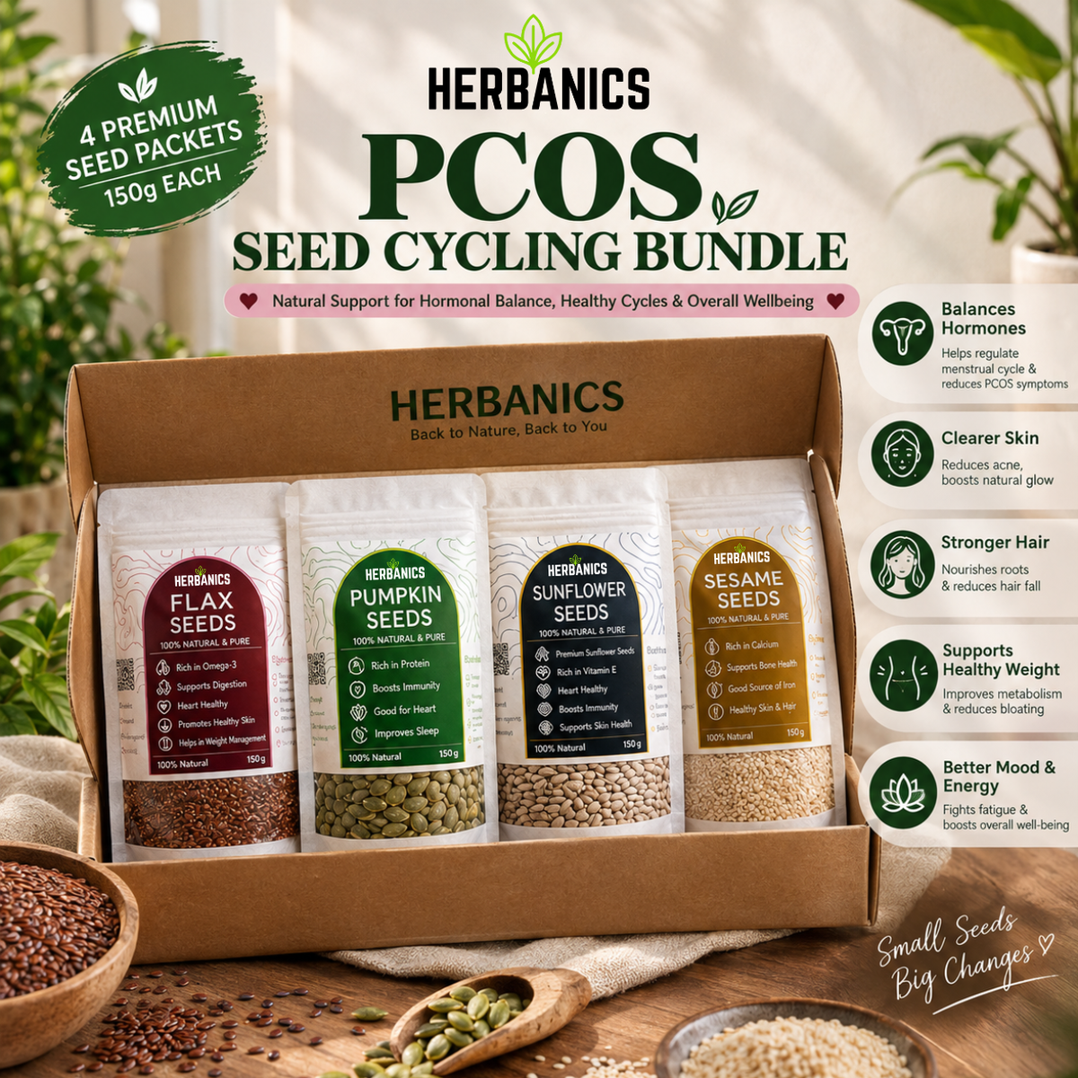 PCOS SEED CYCLING BUNDLE HERBANICS (150 Grams Each) 600 Grams
