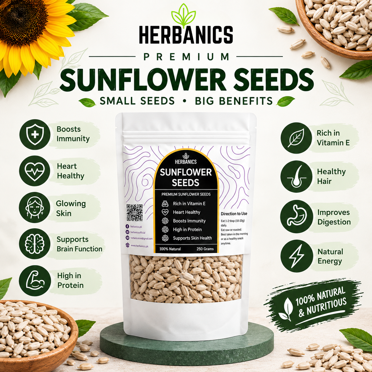 Herbanics Premium Sunflower Seeds | High Protein Healthy Snack | Rich in Vitamin E & Fiber